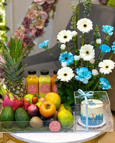 Arrangement Cake Flowers Fruits Juice